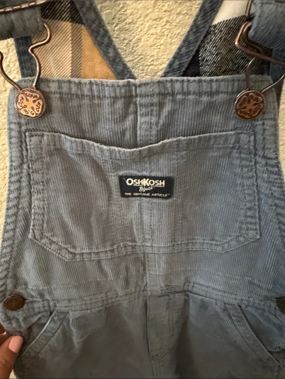OshKosh B'gosh 5T Slate Blue Corduroy Overalls for Kids with Plaid Lining